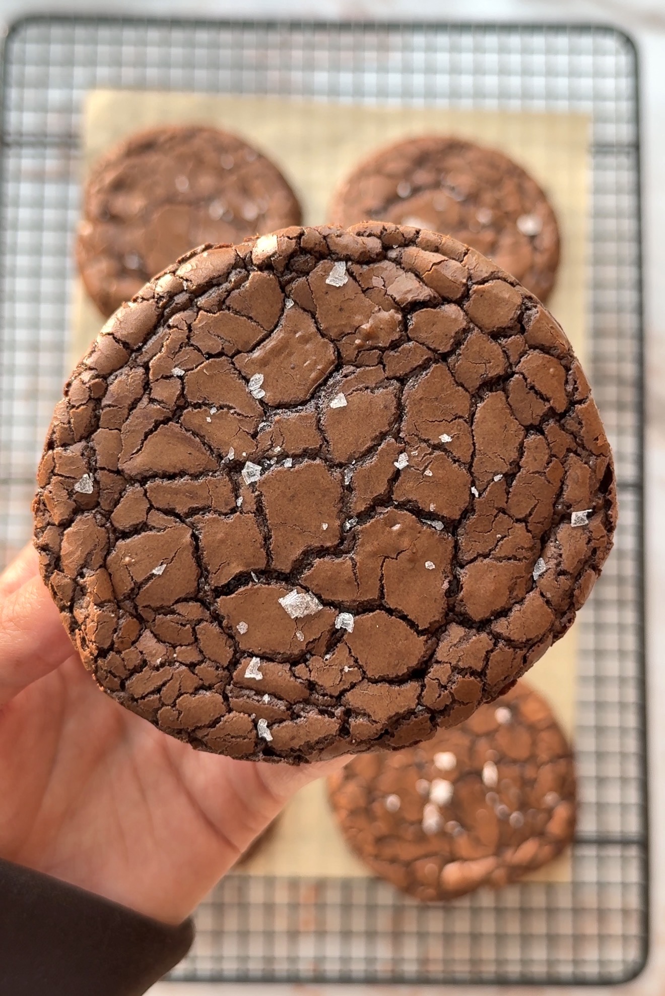 Shiny crackly brownie cookies with fudgy centres and flaky sea salt on a baking tray